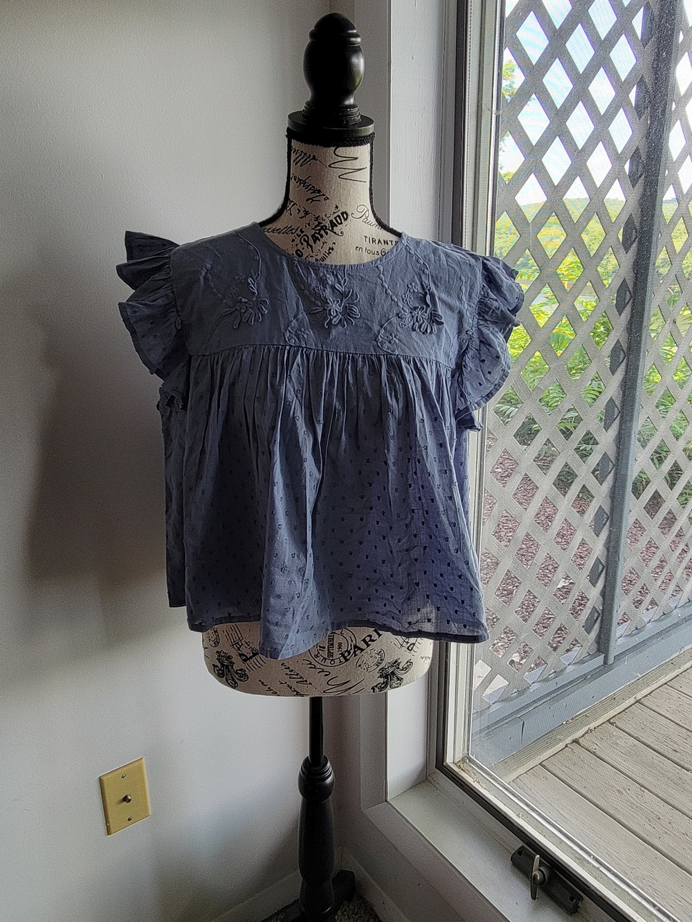 Jessica Simpson Blue Eyelet Embroidered Ruffle-Sleeve Cotton Top Xs